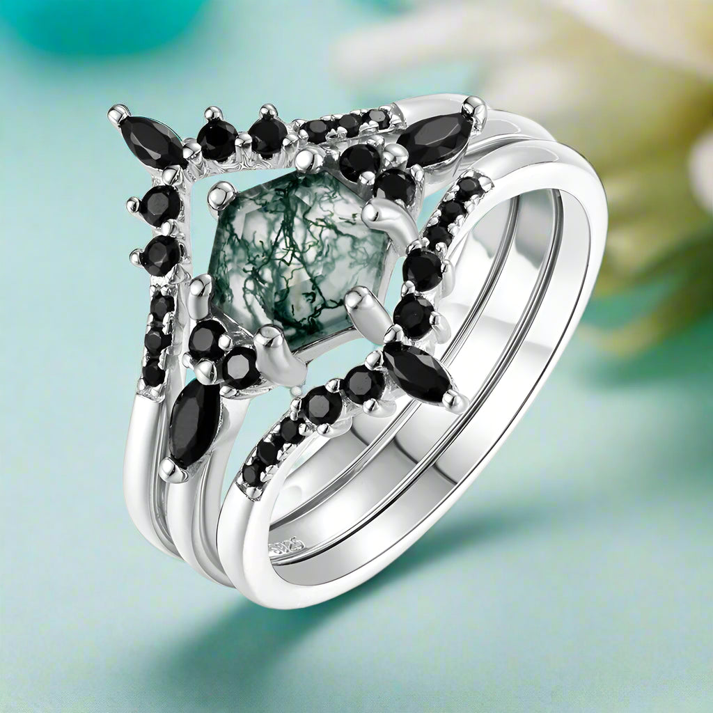 Wild and Forever Intertwined- Hexagon Shape Moss Agate Wedding Rings-Evani Naomi Jewelry