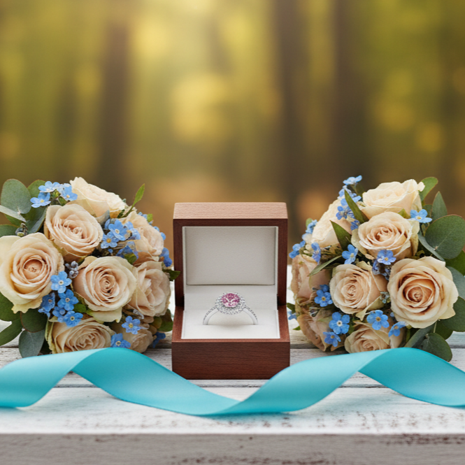 Wooden box with a ring, surrounded by floral bouquets on a wooden table with a forest background.