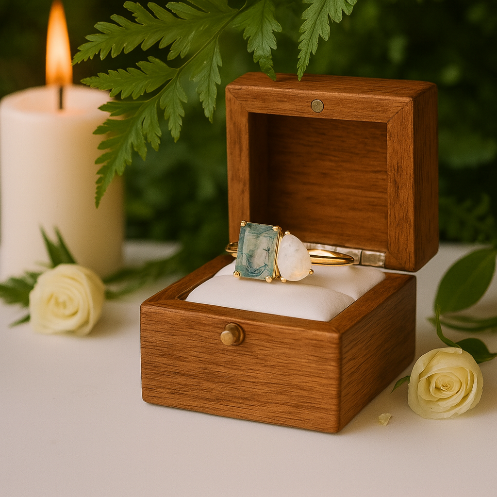Wooden jewelry box with a ring featuring a large gemstone, surrounded by flowers and a candle.