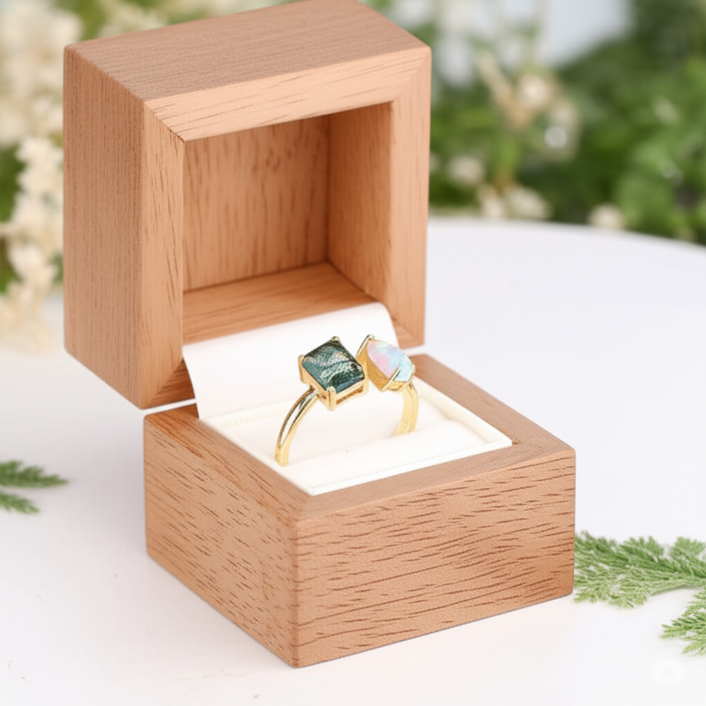 Wooden ring box with two rings inside on a white surface with greenery.
