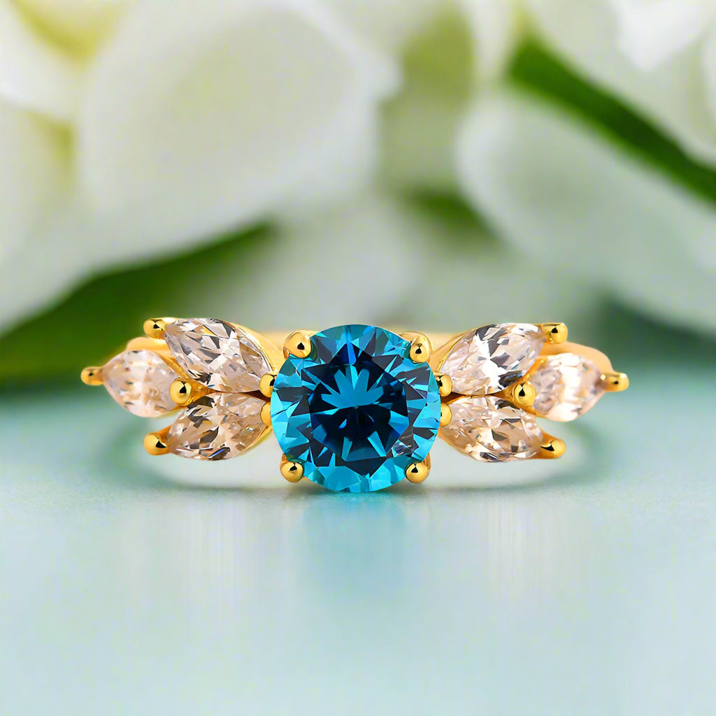 Yellow Gold Round Cut Montana Blue Sapphire Vintage Engagement Ring-Evani Naomi Jewelry