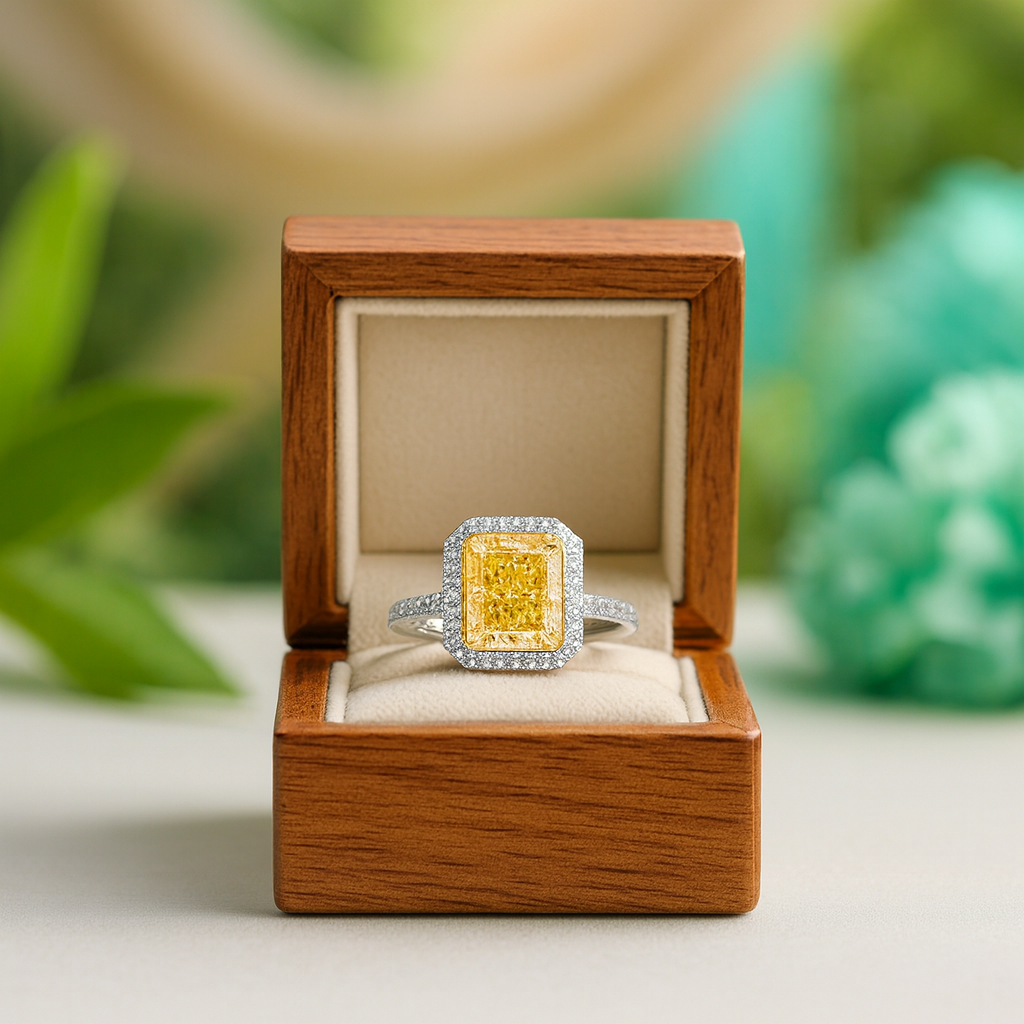 Yellow diamond ring in a wooden box with a blurred green background