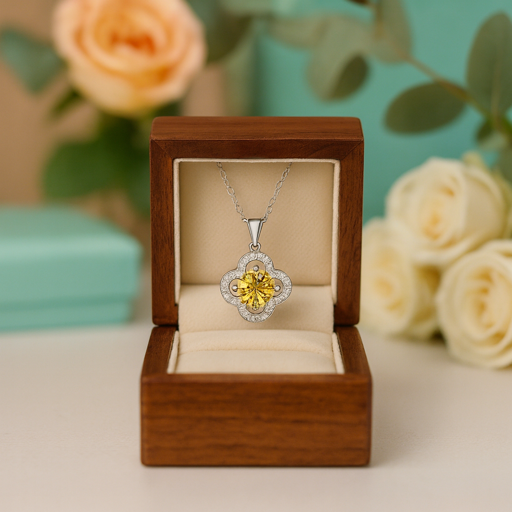 Yellow gemstone necklace in a wooden box with flowers in the background