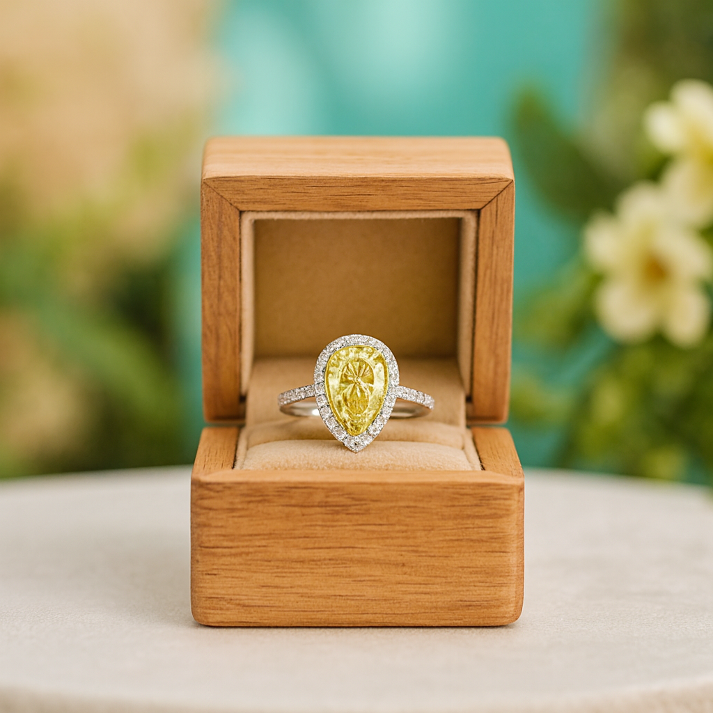 Yellow gemstone ring in a wooden box with a blurred natural background