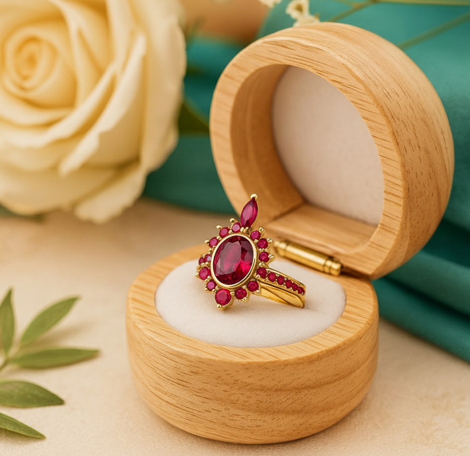 Gold ring with red gemstones in a wooden box on a beige surface with a rose in the background