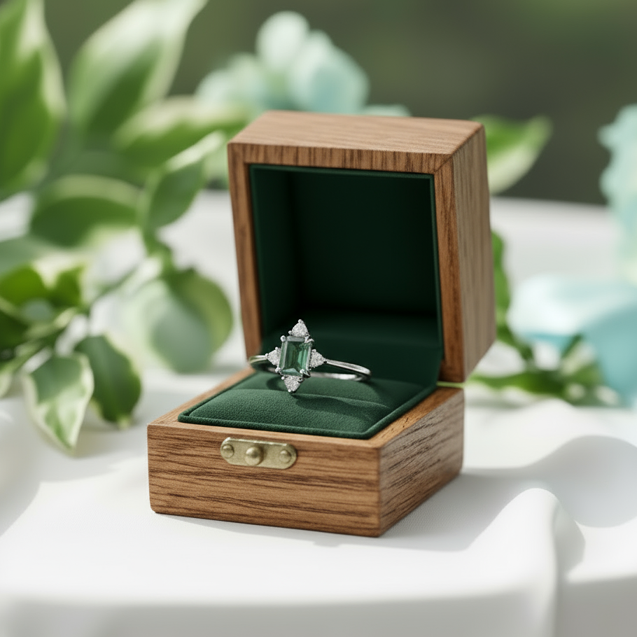 Chronicle of Two Hearts- Emerald Moss Agate & Cyan Moissanite Ring