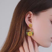 Enamel Diamond Bee and Sunflower Topaz Earrings