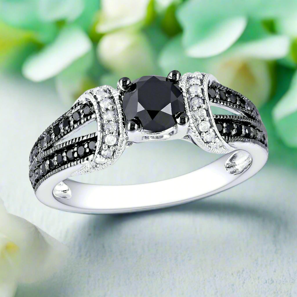 1.0 Ct Round Cut Black and White Diamond Engagement Ring-Evani Naomi Jewelry