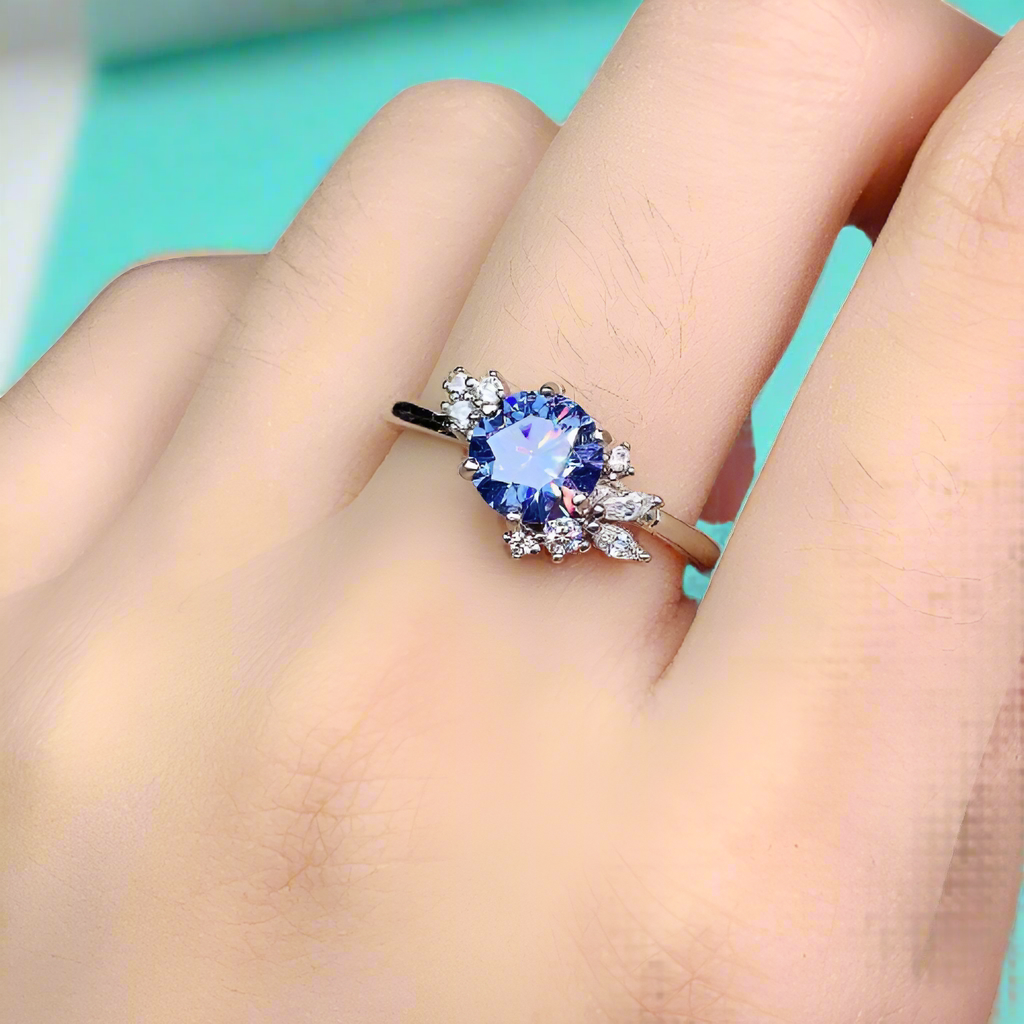1.0 ct Blue Round cut Diamond Engagement Ring-Evani Naomi Jewelry