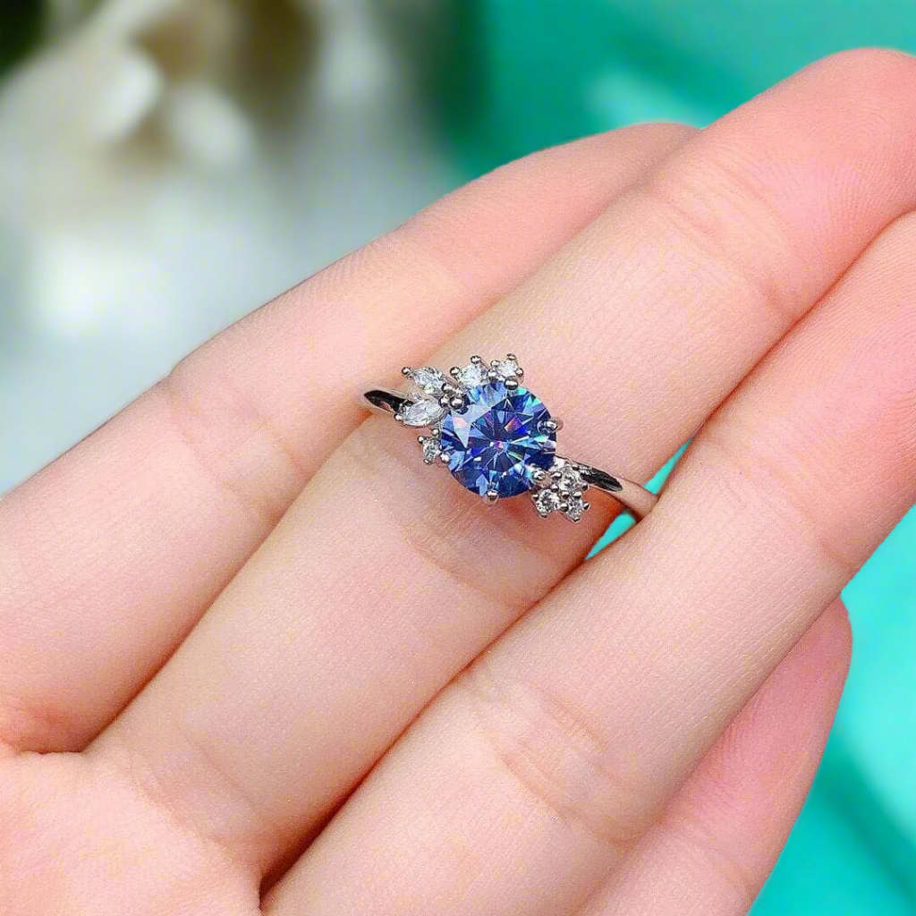 1.0 ct Blue Round cut Diamond Engagement Ring-Evani Naomi Jewelry