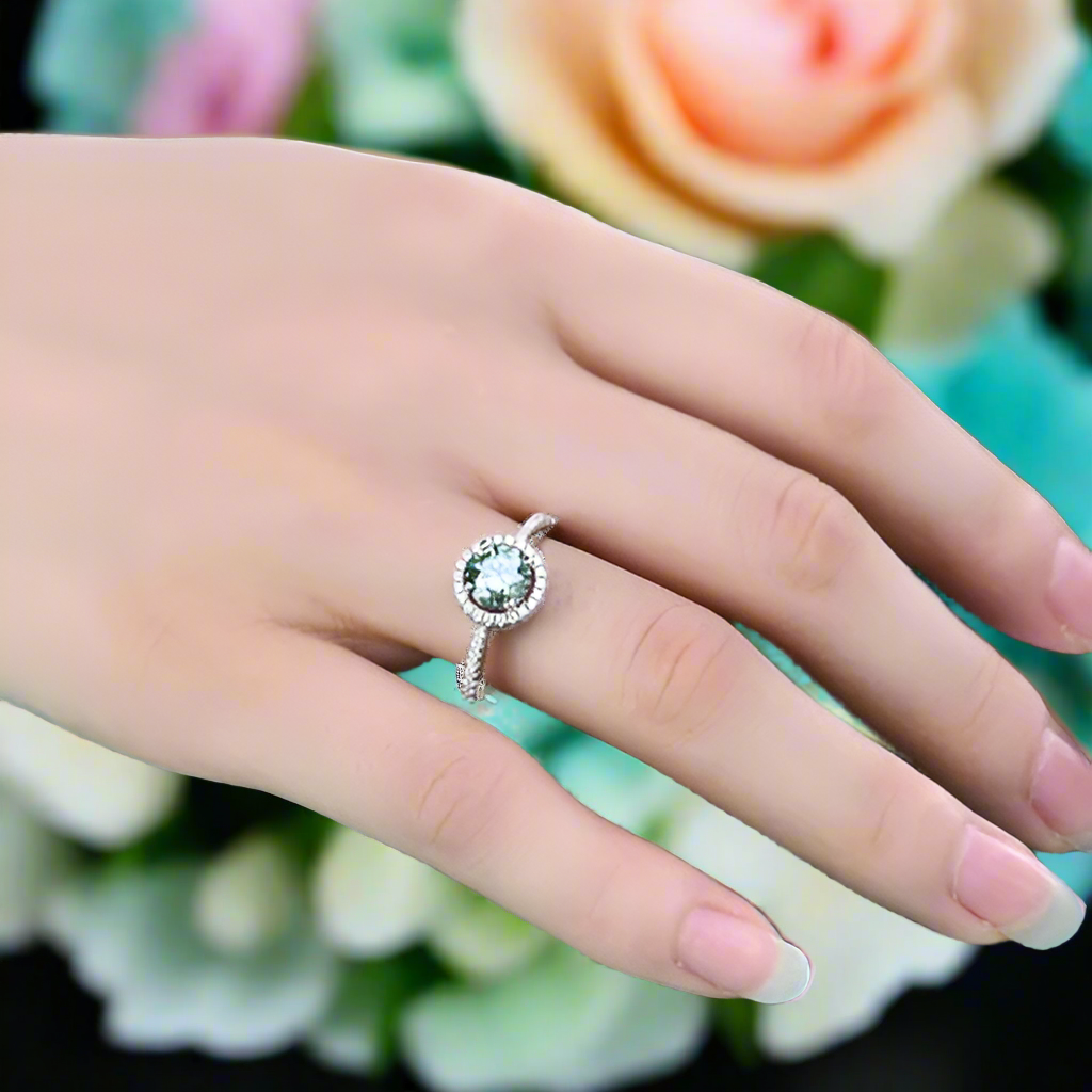 1.0 ct Round Green Diamond Halo Engagement Ring-Evani Naomi Jewelry