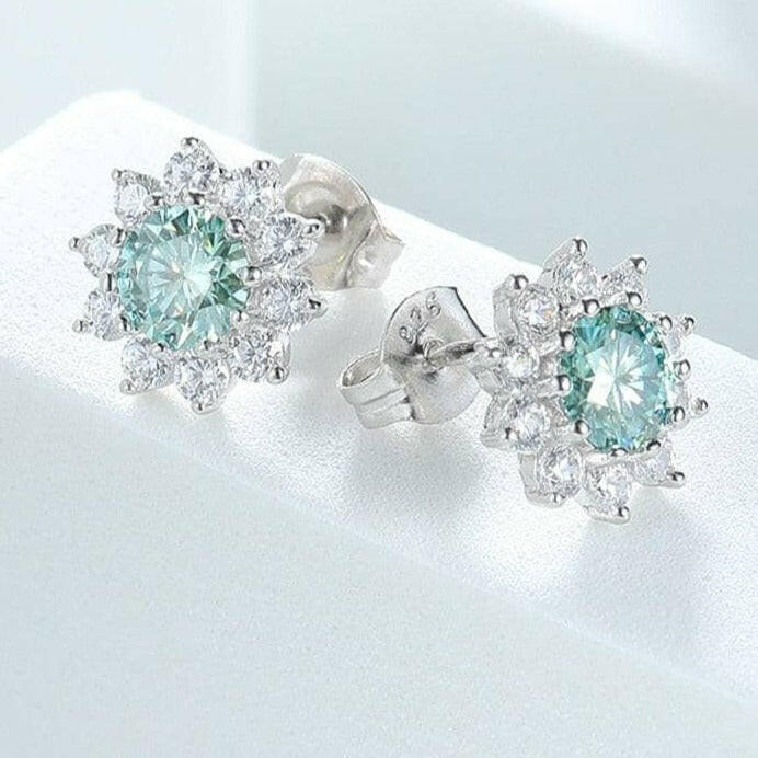 1.00 ct Blue-Green Diamond Flower Stud Earrings-Evani Naomi Jewelry