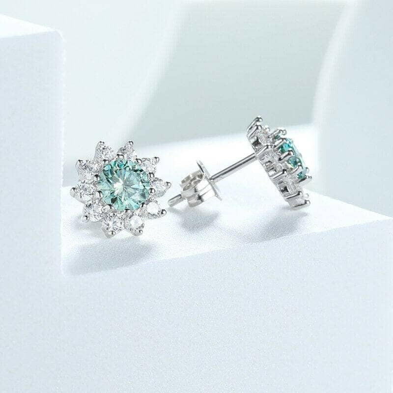 1.00 ct Blue-Green Diamond Flower Stud Earrings-Evani Naomi Jewelry