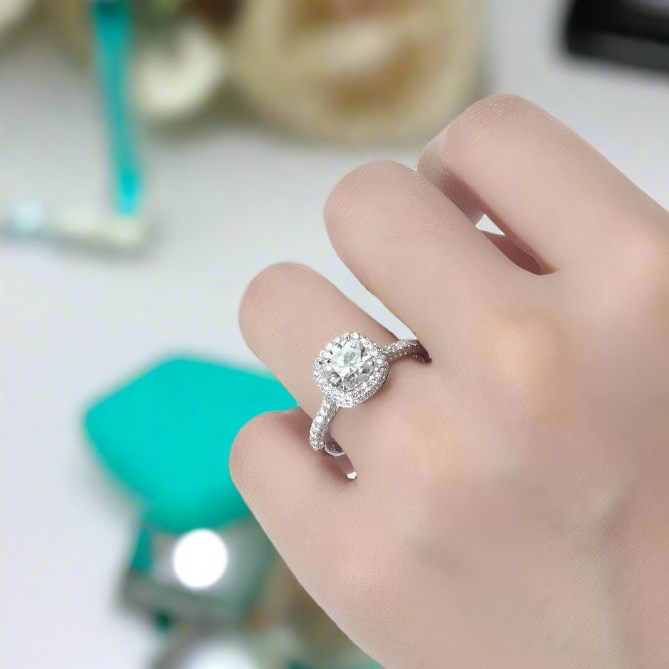 1.5ct 7mm Cushion Cut Diamond Halo Engagement Ring-Evani Naomi Jewelry