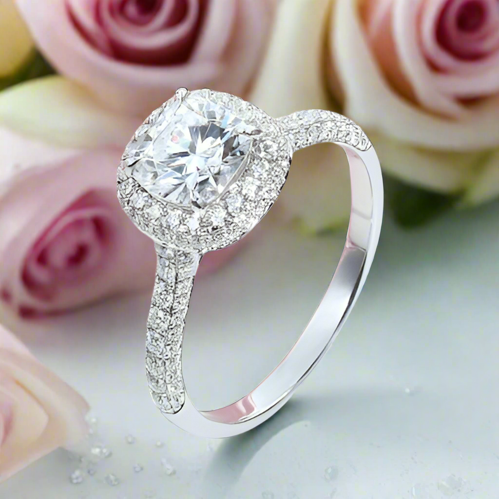 1.5ct 7mm Cushion Cut Diamond Halo Engagement Ring-Evani Naomi Jewelry