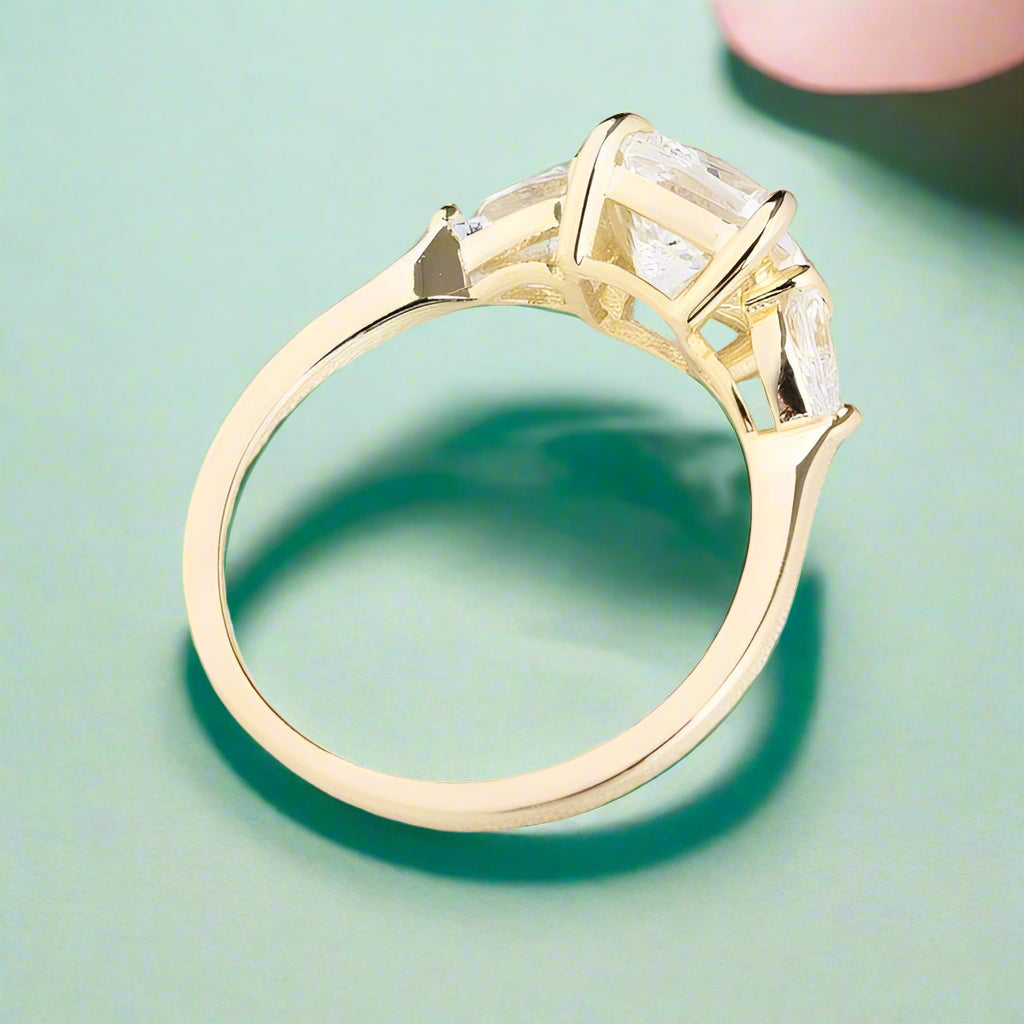 1.5ct Cushion Cut Three Stone Yellow Gold Engagement Ring-Evani Naomi Jewelry