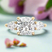 1.5ct Cushion Cut Three Stone Yellow Gold Engagement Ring-Evani Naomi Jewelry