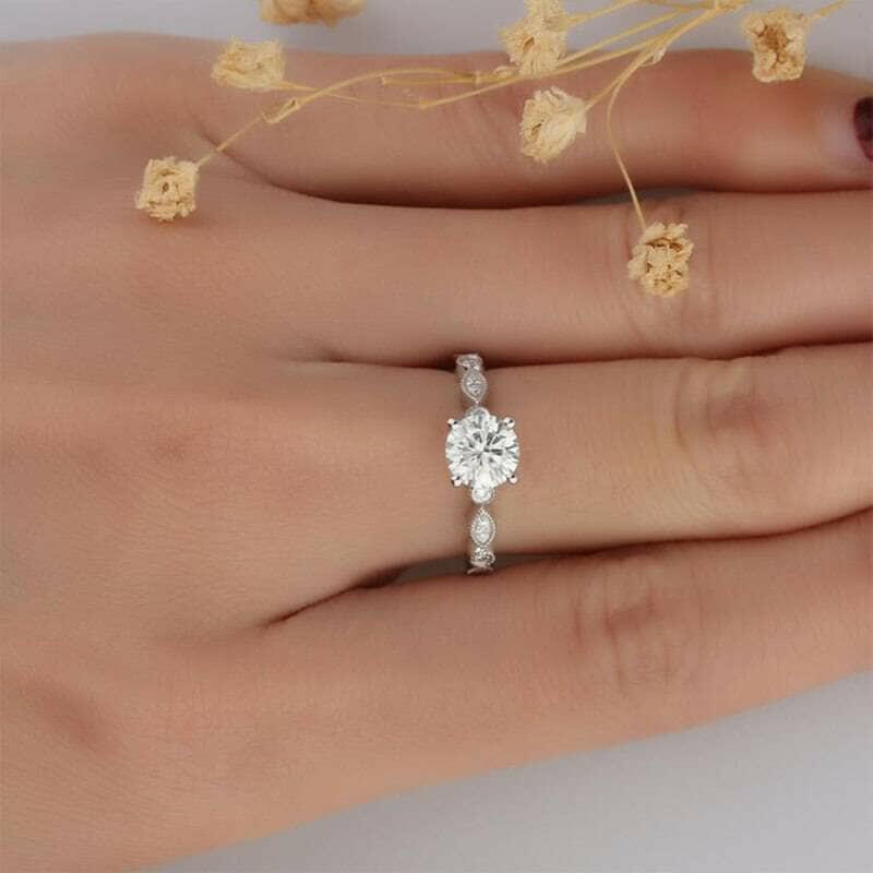 1ct 14K White Gold Antique Milgrain Diamond Engagement Ring-Evani Naomi Jewelry