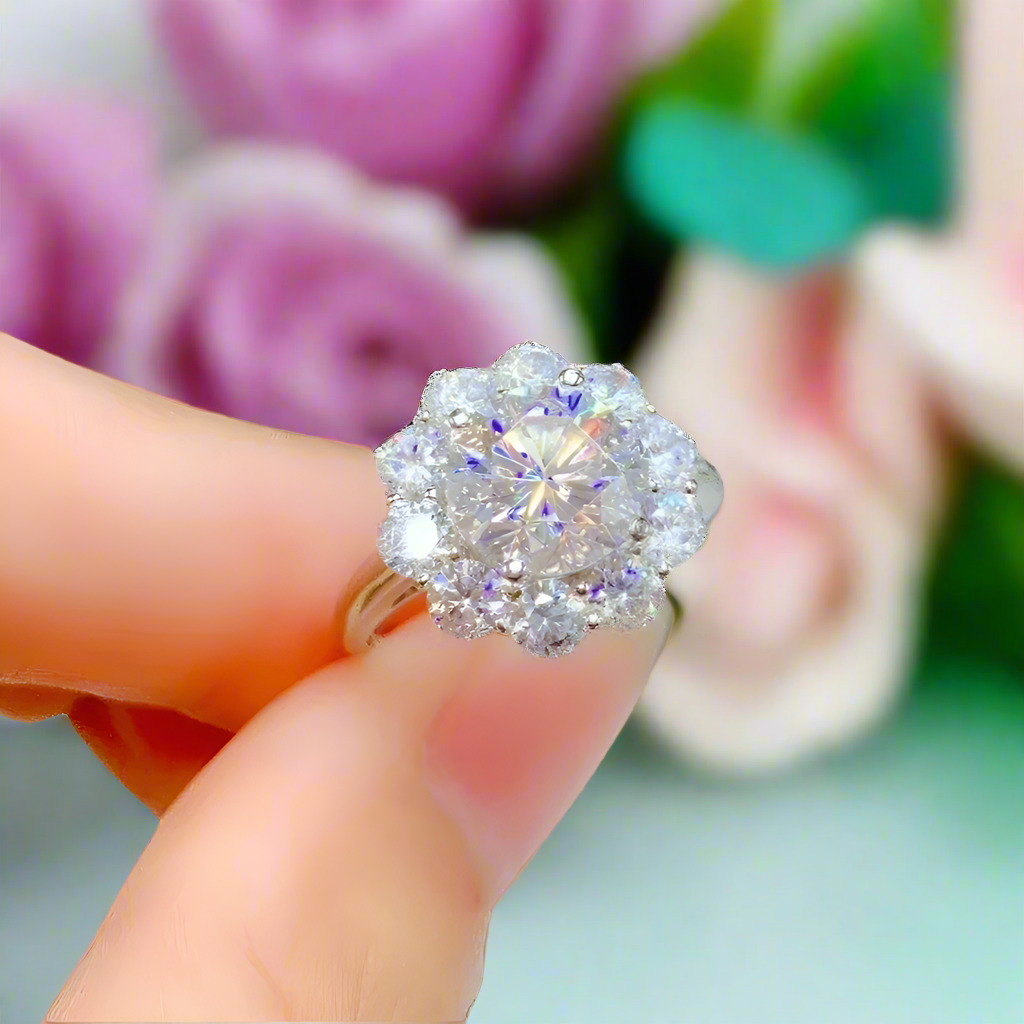 3ct Round Cut Crackling Diamond Flower Halo Engagement Ring-Evani Naomi Jewelry