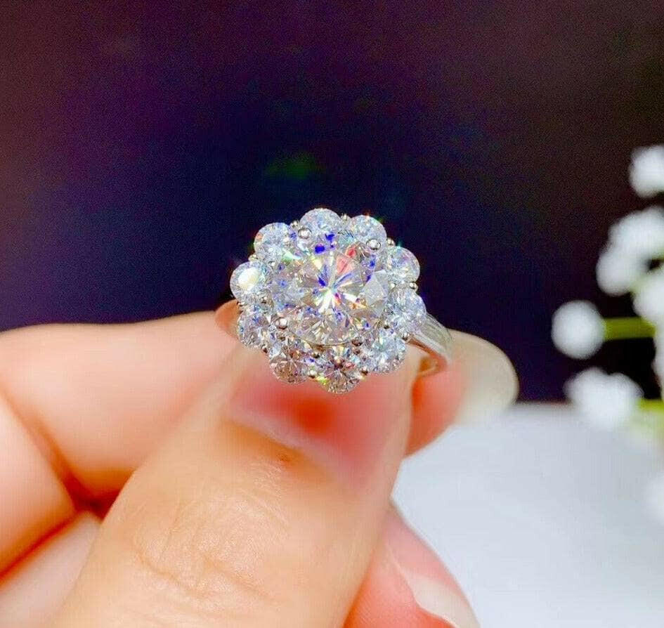 3ct Round Cut Crackling Diamond Flower Halo Engagement Ring-Evani Naomi Jewelry