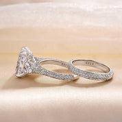 5.0 Ct Radiant Cut & Heart Cut Three Stone Wedding Set-Evani Naomi Jewelry
