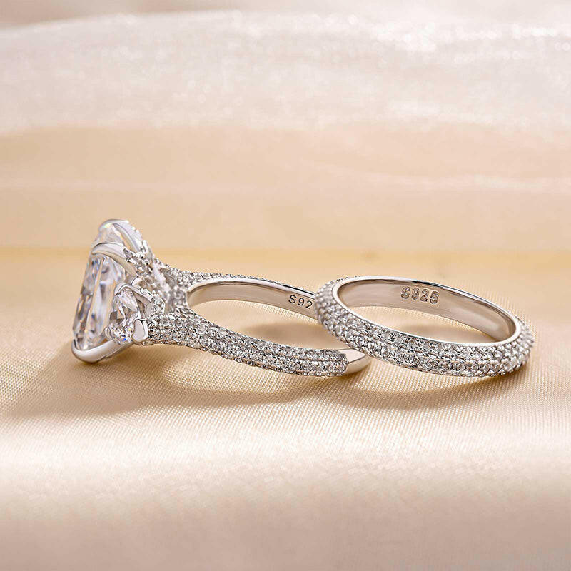 5.0 Ct Radiant Cut & Heart Cut Three Stone Wedding Set-Evani Naomi Jewelry