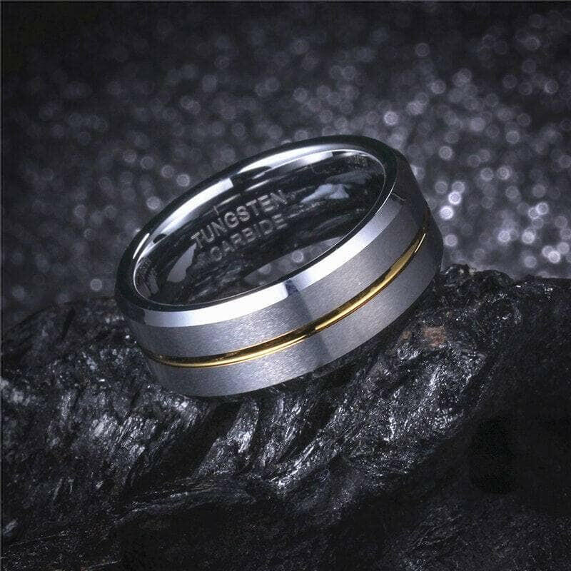 8mm Polished Edges Tungsten Wedding Band with Gold Stripe-Evani Naomi Jewelry