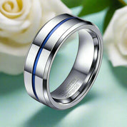 8mm Tungsten Carbide Men's Wedding Band with Thin Blue Line-Evani Naomi Jewelry