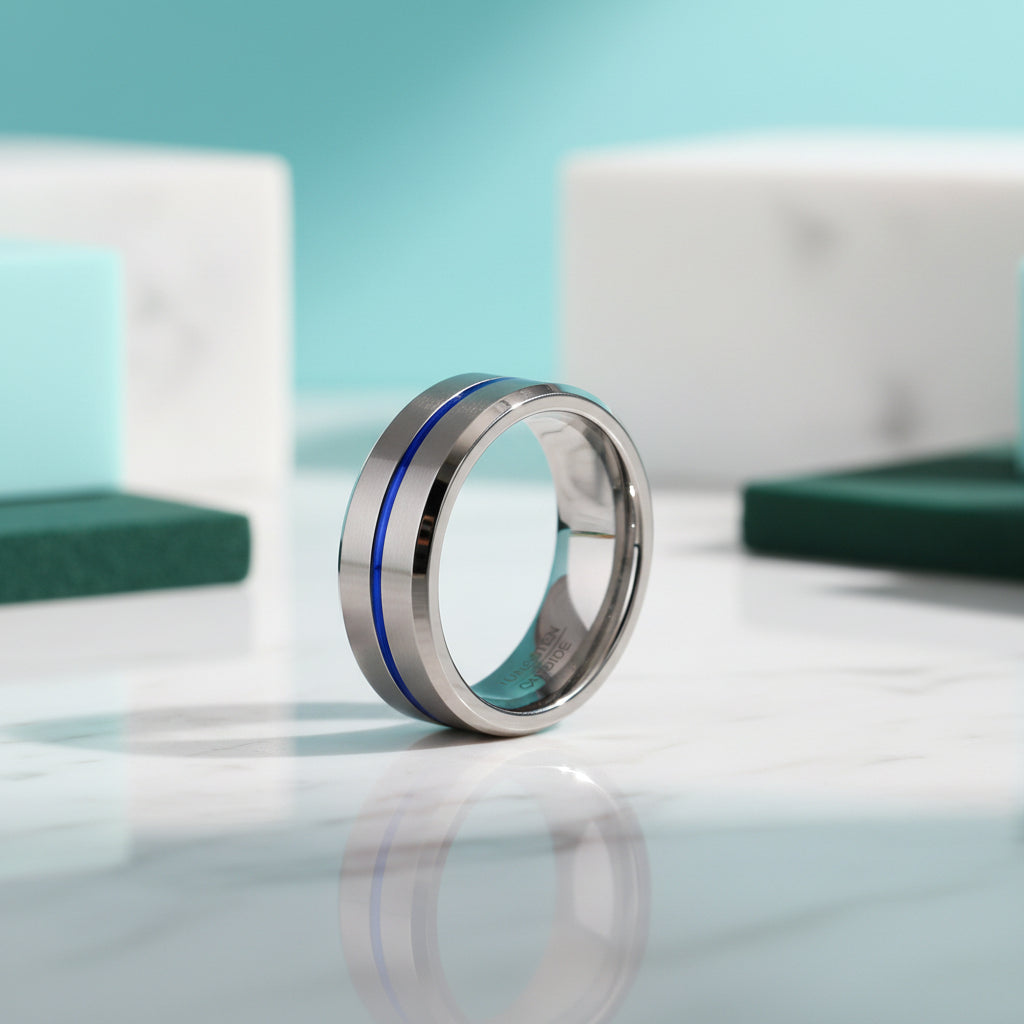 8mm Tungsten Carbide Men's Wedding Band with Thin Blue Line-Evani Jewelry