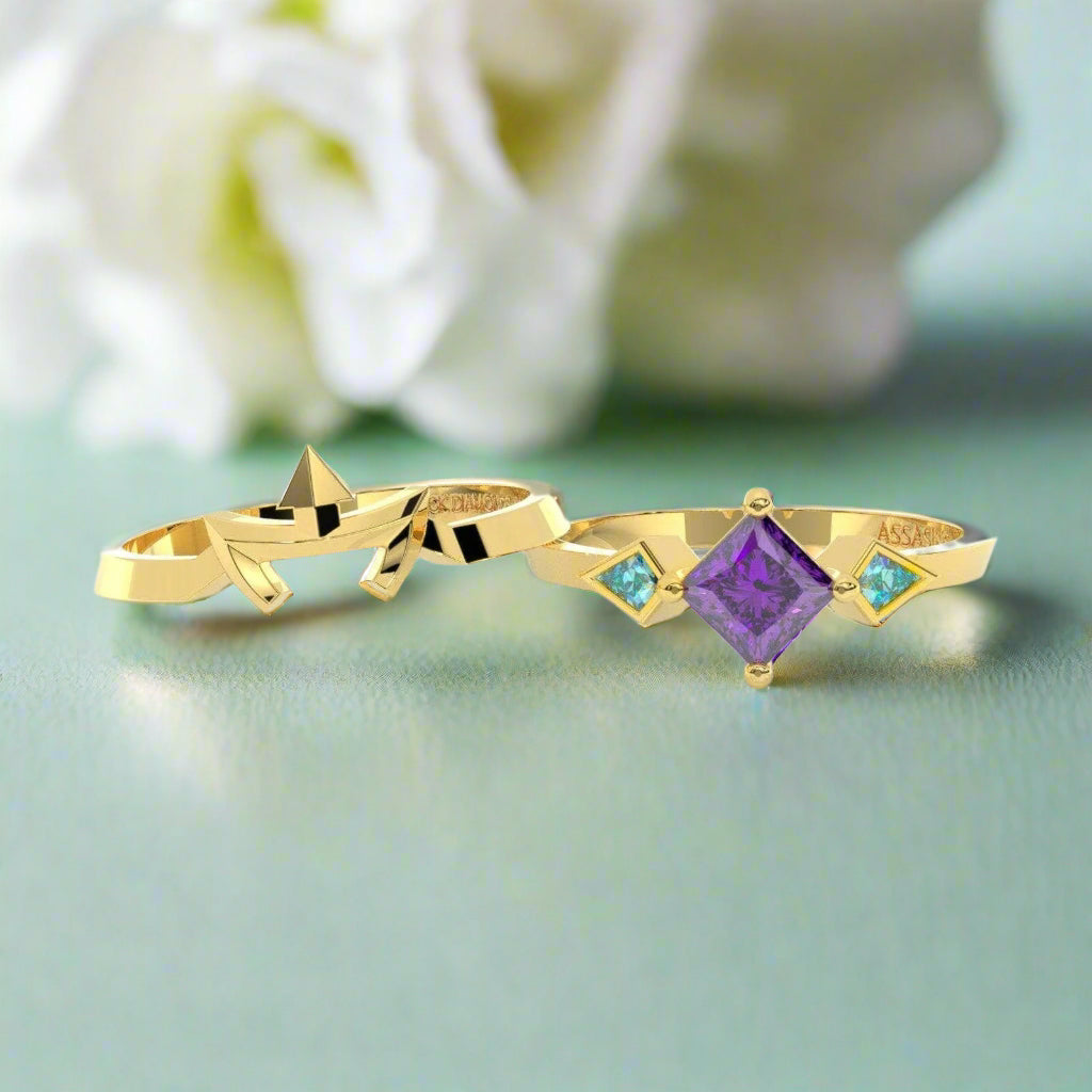 Assassin's Two-Piece Ring Set Video Game Inspired Rings in Princess-cut 14k Yellow Gold-Evani Naomi Jewelry
