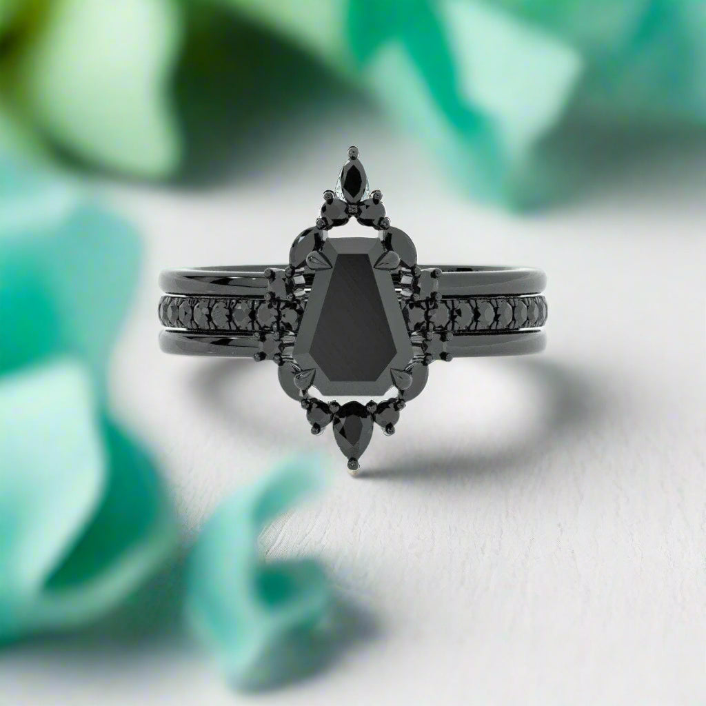 Be Mine Forever Gothic Wedding Rings in 14k Gold Radiant Coffin Cut Diamond-Evani Naomi Jewelry