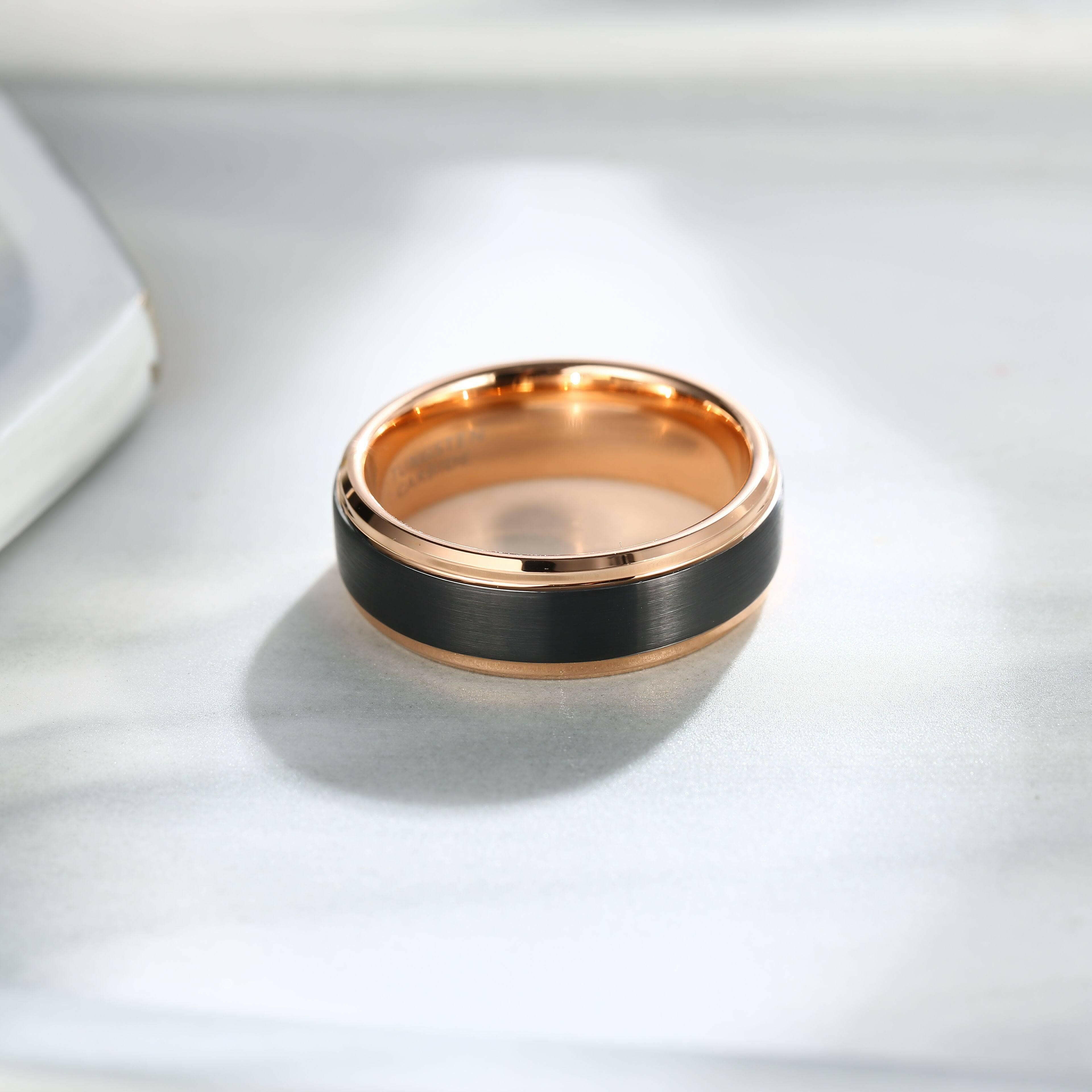 Black Surface & Rose Gold 8mm Tungsten Wedding Band-Evani Naomi Jewelry