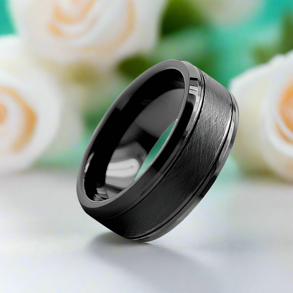 Center Brushed 8mm Black Tungsten Carbide Wedding Band-Evani Naomi Jewelry