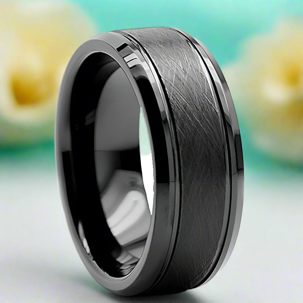 Center Brushed 8mm Black Tungsten Carbide Wedding Band-Evani Naomi Jewelry