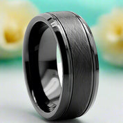 Center Brushed 8mm Black Tungsten Carbide Wedding Band-Evani Naomi Jewelry