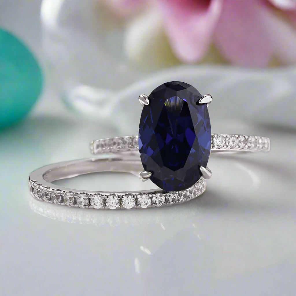 Classic Oval Cut 3.5ct Blue Sapphire Diamond Bridal Set-Evani Naomi Jewelry
