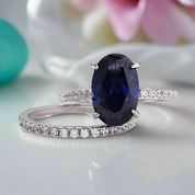 Classic Oval Cut 3.5ct Blue Sapphire Diamond Bridal Set-Evani Naomi Jewelry