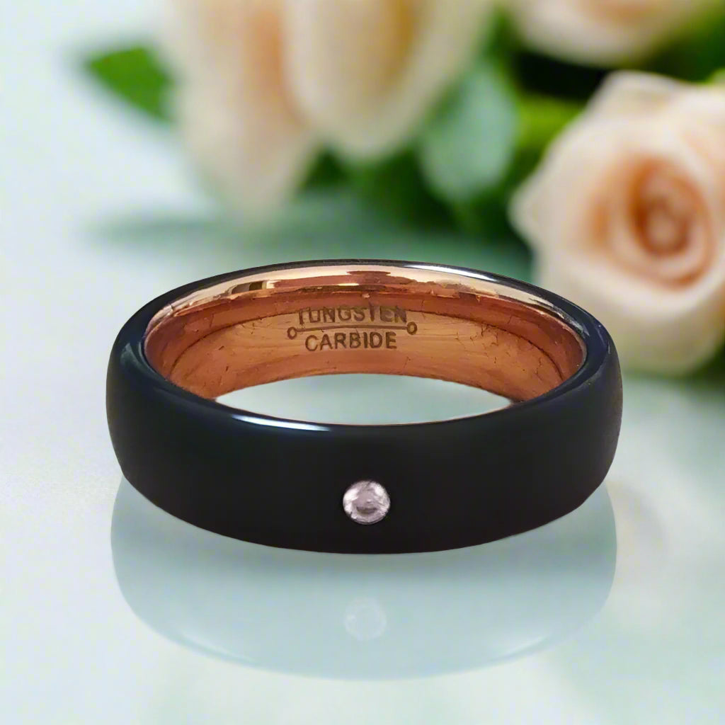 EVN Diamond Alternative Brushed Black Surface with Rose Gold Tungsten Wedding Band-Evani Naomi Jewelry