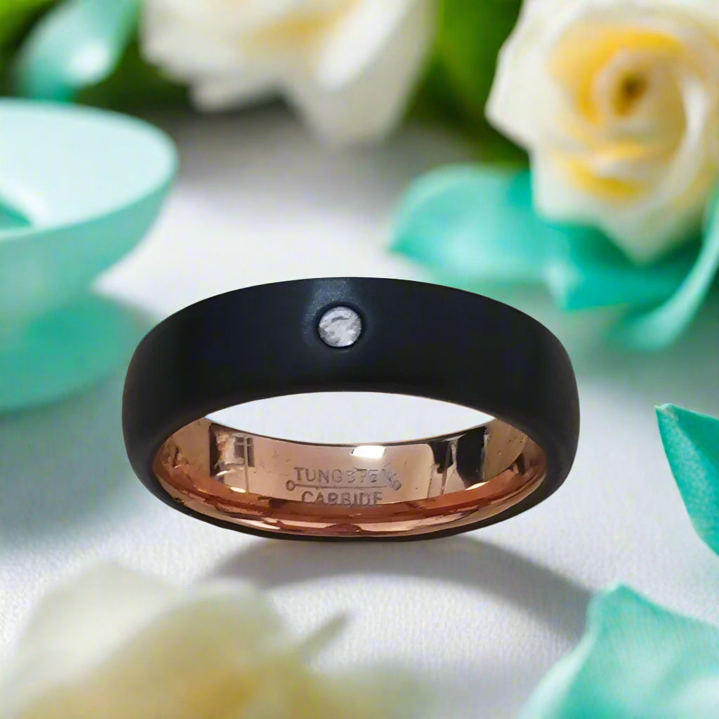 EVN Diamond Alternative Brushed Black Surface with Rose Gold Tungsten Wedding Band-Evani Naomi Jewelry