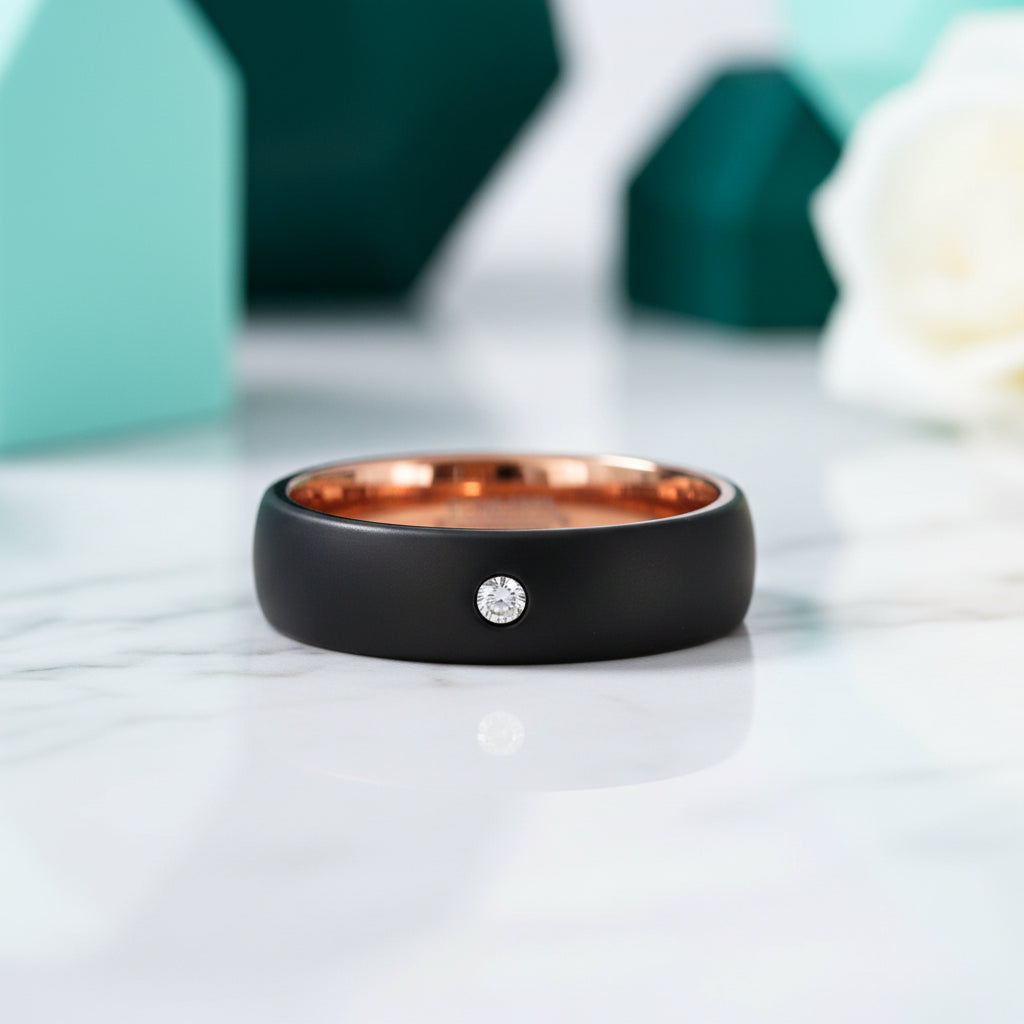 EVN Diamond Alternative Brushed Black Surface with Rose Gold Tungsten Wedding Band-Evani Jewelry