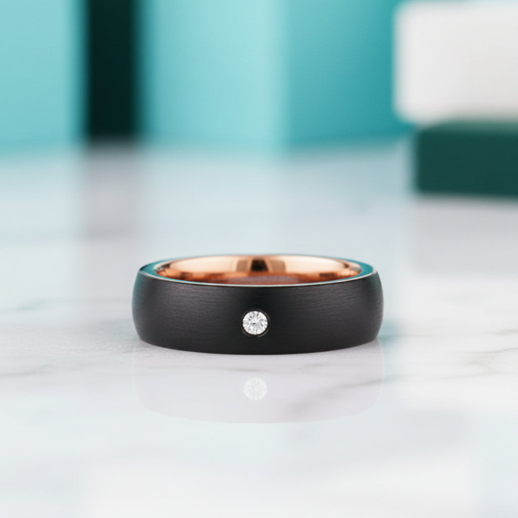 EVN Diamond Alternative Brushed Black Surface with Rose Gold Tungsten Wedding Band-Evani Jewelry