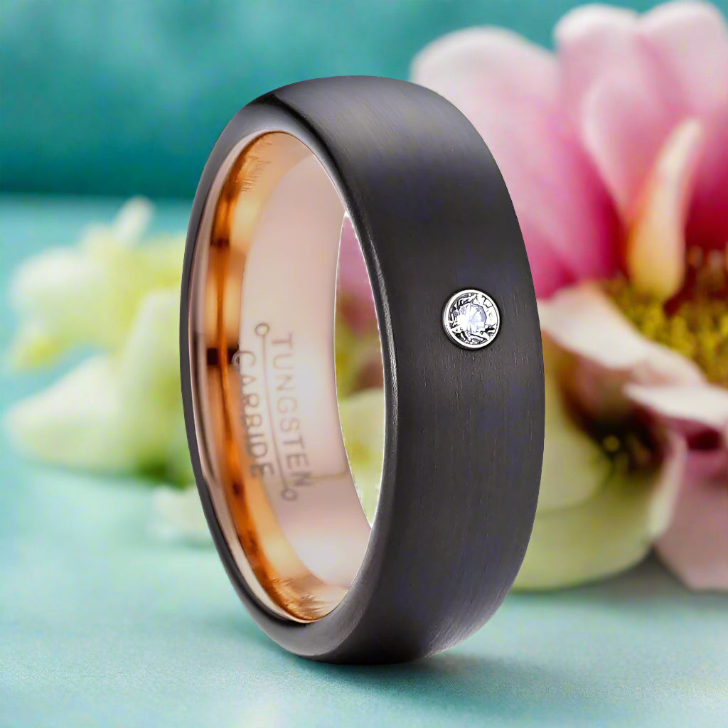 EVN Diamond Alternative Brushed Black Surface with Rose Gold Tungsten Wedding Band-Evani Naomi Jewelry