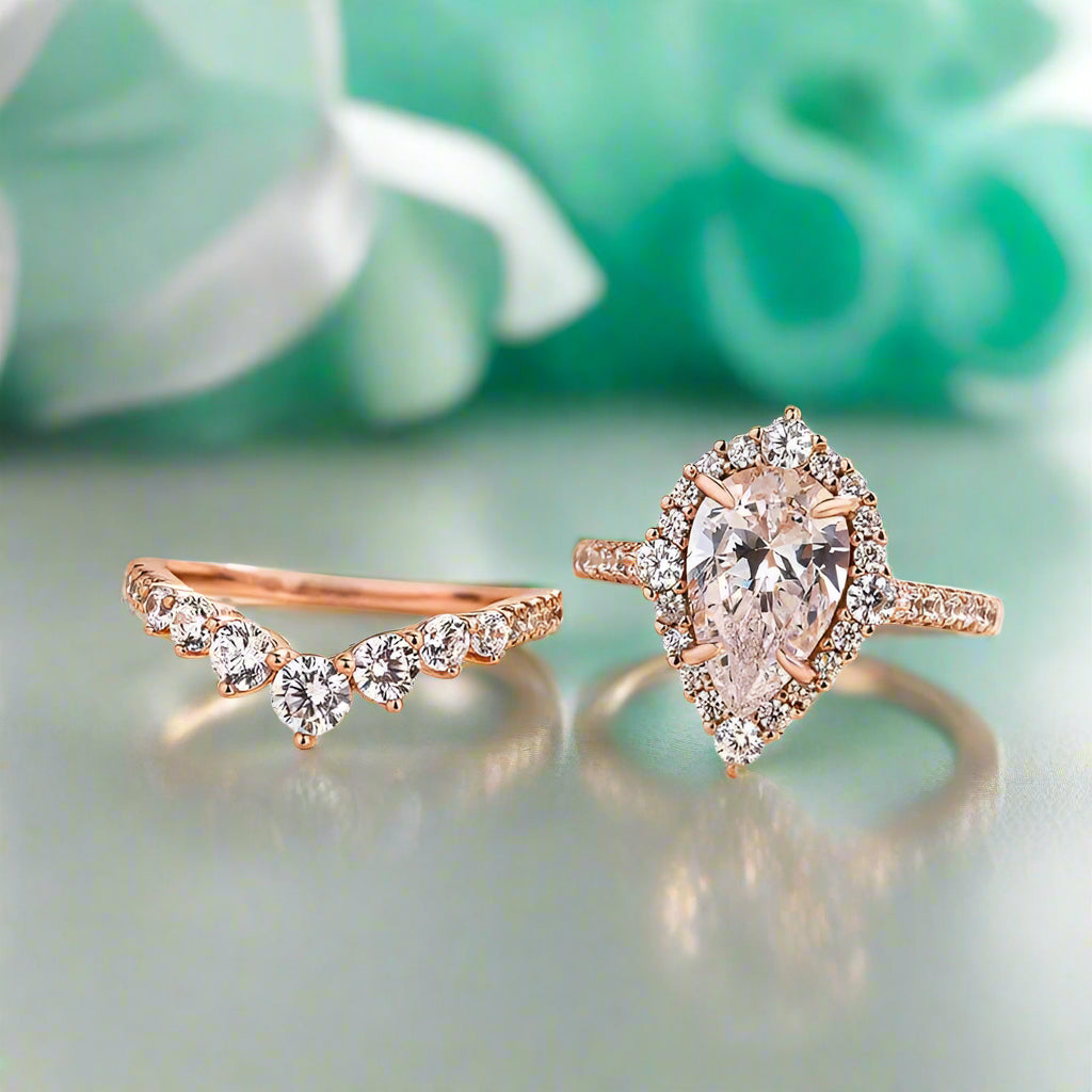 Elegant Pear Cut 2.2 Carat Halo Vintage Style Bridal Ring Set-Evani Naomi Jewelry