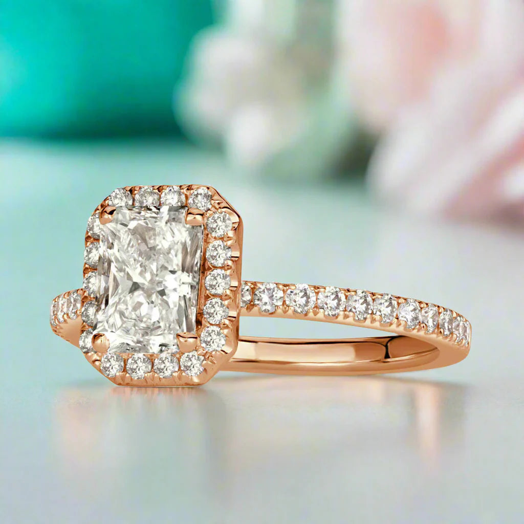 Elongated Classic Rose Gold Halo Radiant Cut Engagement Ring-Evani Naomi Jewelry