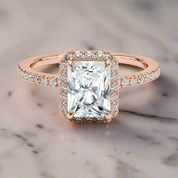Elongated Classic Rose Gold Halo Radiant Cut Engagement Ring-Evani Naomi Jewelry