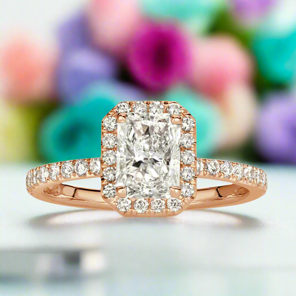 Elongated Classic Rose Gold Halo Radiant Cut Engagement Ring-Evani Naomi Jewelry