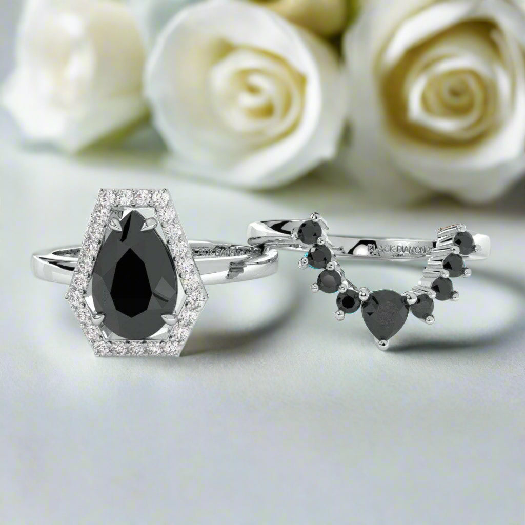 Faithfulness Gothic Wedding Rings in 14k Gold 1ct Black Pear Cut Diamond-Evani Naomi Jewelry