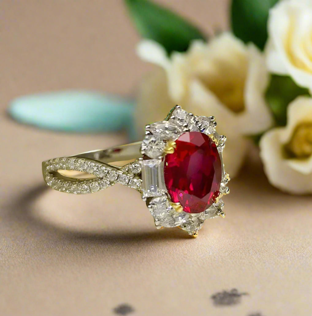 Flash Sale- 1.0 Carat Oval Cut Vintage Twist Ruby Engagement Ring-Evani Naomi Jewelry