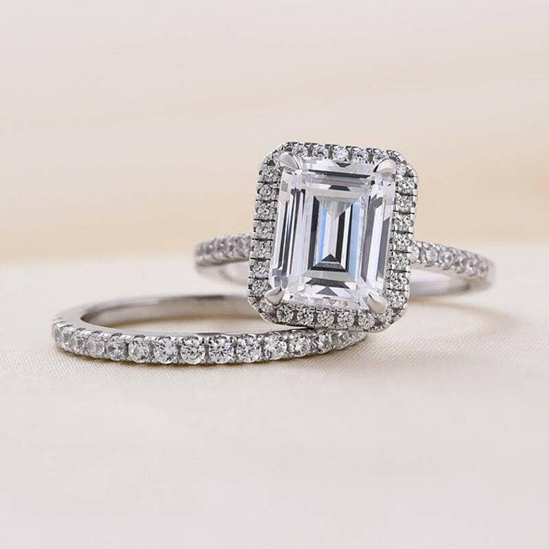 Flash Sale- 4.0 ct Halo Emerald Cut Diamonds Wedding Ring Set-Evani Naomi Jewelry