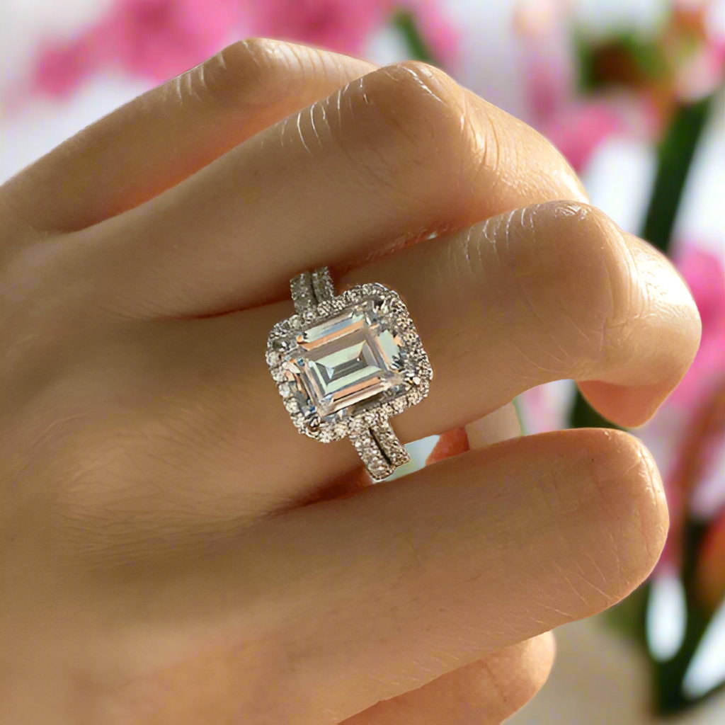 Flash Sale- 4.0 ct Halo Emerald Cut Diamonds Wedding Ring Set-Evani Naomi Jewelry
